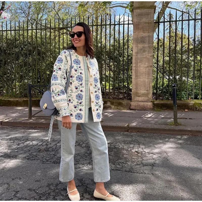 Куртка с принтом на шнуровке и подкладкой, женская, с длинным рукавом, свободный цветочный принт, однобортное стеганое пальто, повседневный топ большого размера для поездок на работу, осень-зима