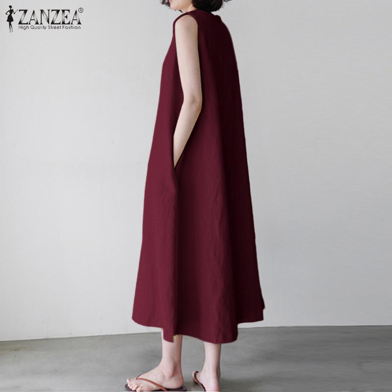 ZANZEA Женское повседневное повседневное однотонное платье без рукавов с круглым вырезом