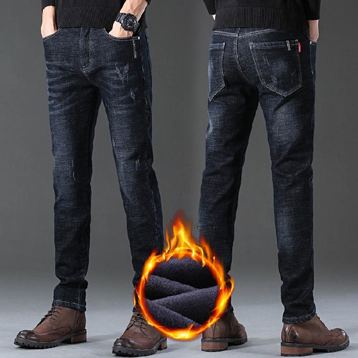 Осенне-зимние утепленные эластичные джинсы мужские Узкие прямые теплые джинсовые брюки мужские брюки tide