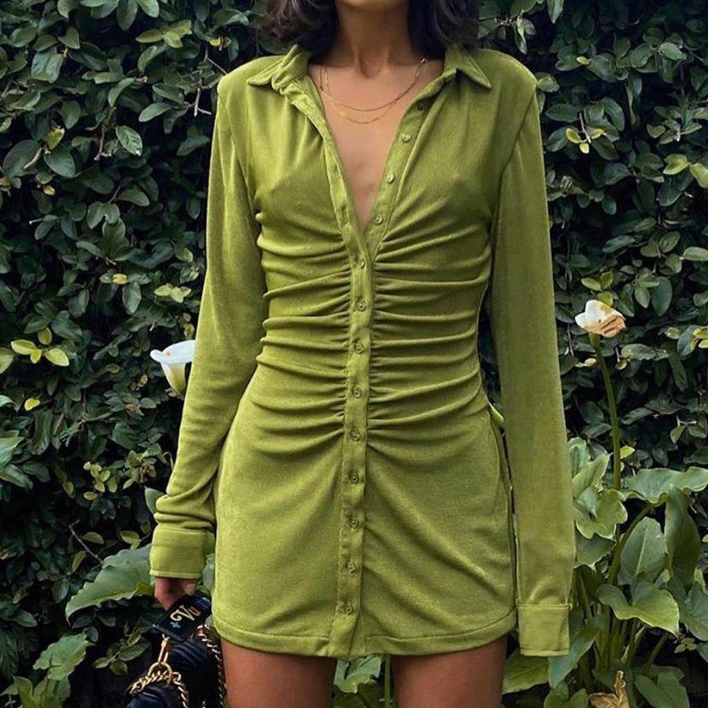 Sexy Mini Slim Dress Women Green Club Party Dress Turn-Down Collar Button Short Dresses Female Elegant Streetwear Shirt