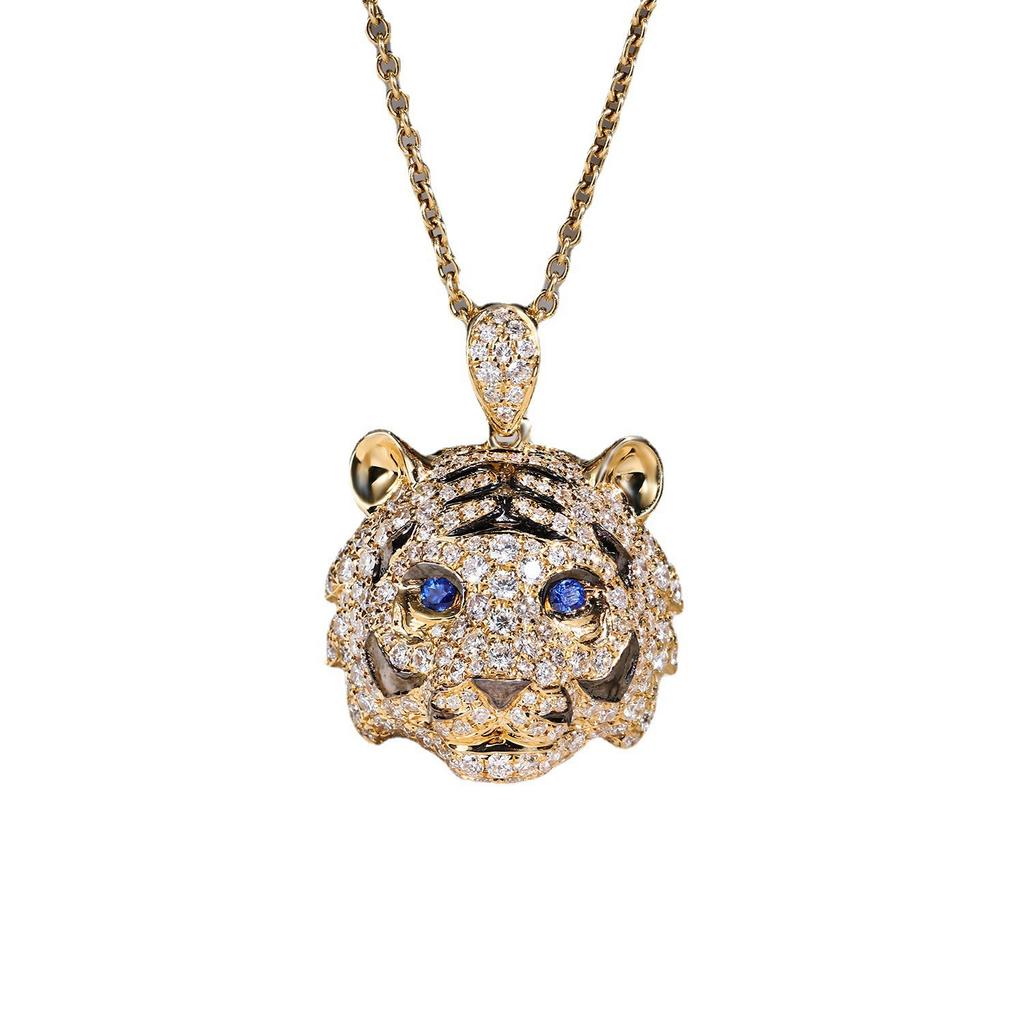 Дизайн тяжелой промышленности Микро-инкрустация бриллиантами Властное кольцо с тигром Женское, Сапфировое ожерелье с тигром и леопардом, Серьги-пусеты со знаком зодиака Тигр, комплект