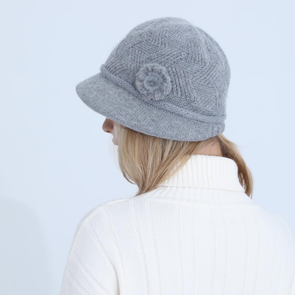 New Women's Knitted Bucket Hat Autumn and Winter Flowers Fashion Plus Velvet Thick Warm Hat