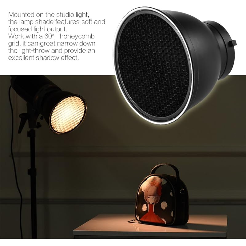 7" Standard Reflector Diffuser Lampshade Dish, 60° Honeycomb Grid, Bowens Mount Studio strobe flash light for speedlight