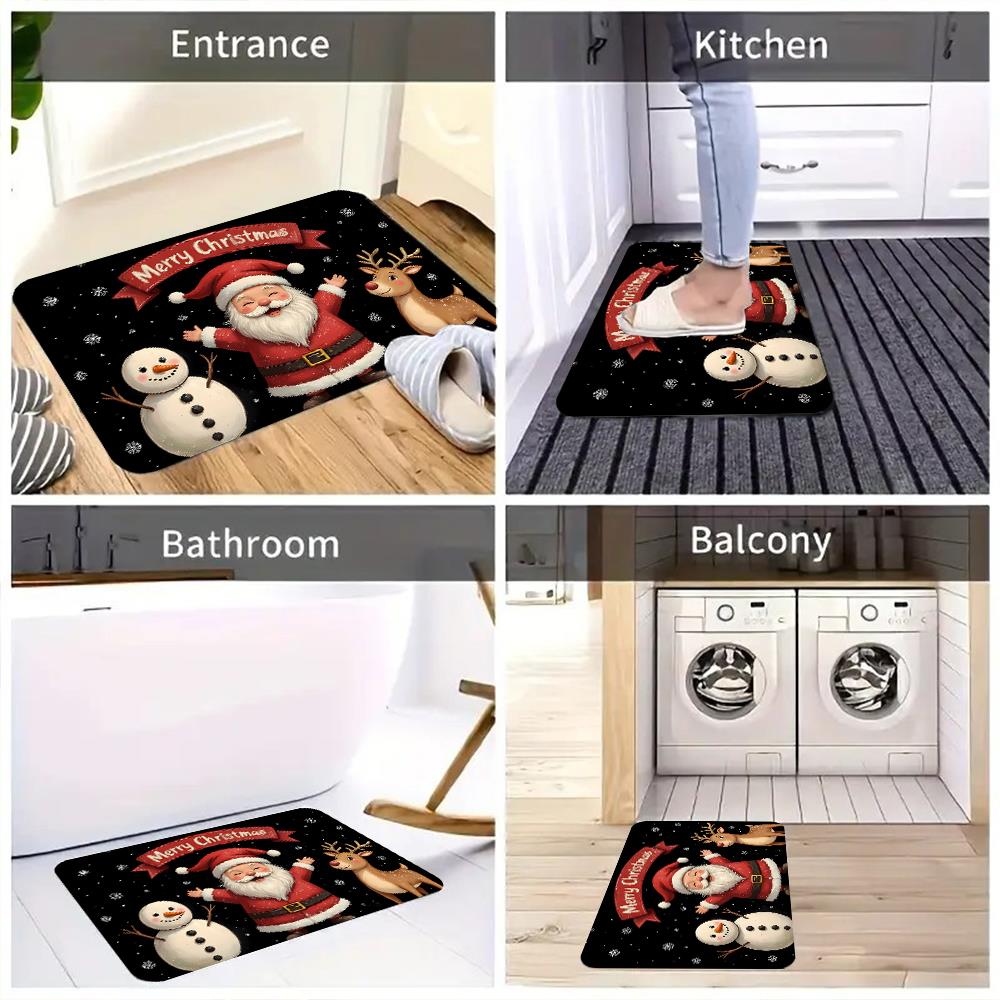 Santa Claus Doormat Festive Polyester Rug, Machine Washable Rubber Backing Door Carpet for Multi-Season Holiday Home Decor