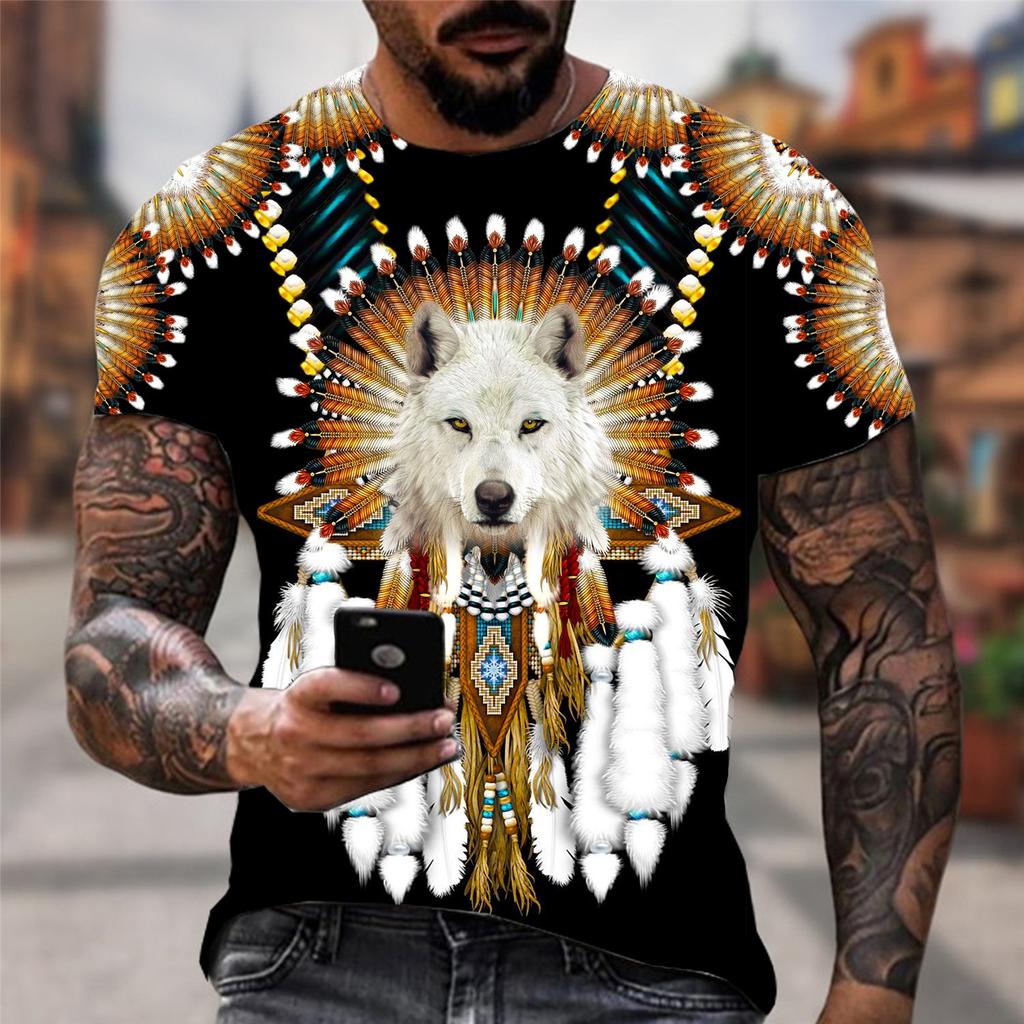 Native Indian Wolf 3D Printed T Shirt Retro Short Sleeve O-neck Funny Tees Unisex Color-blocking T-shirt Slim Clothing