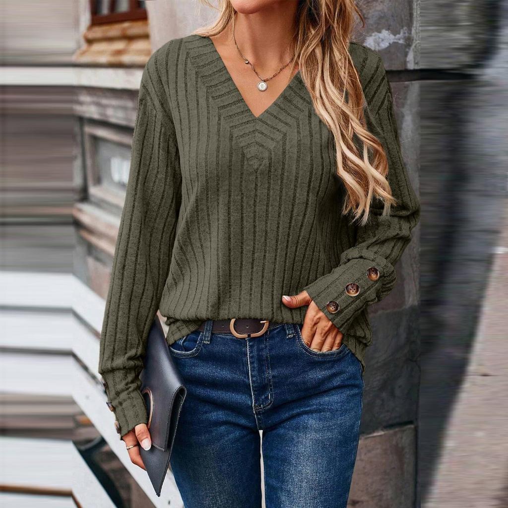 Women's Fashion Long Sleeve V-Neck T-Shirt Solid Color Button Decoration Top