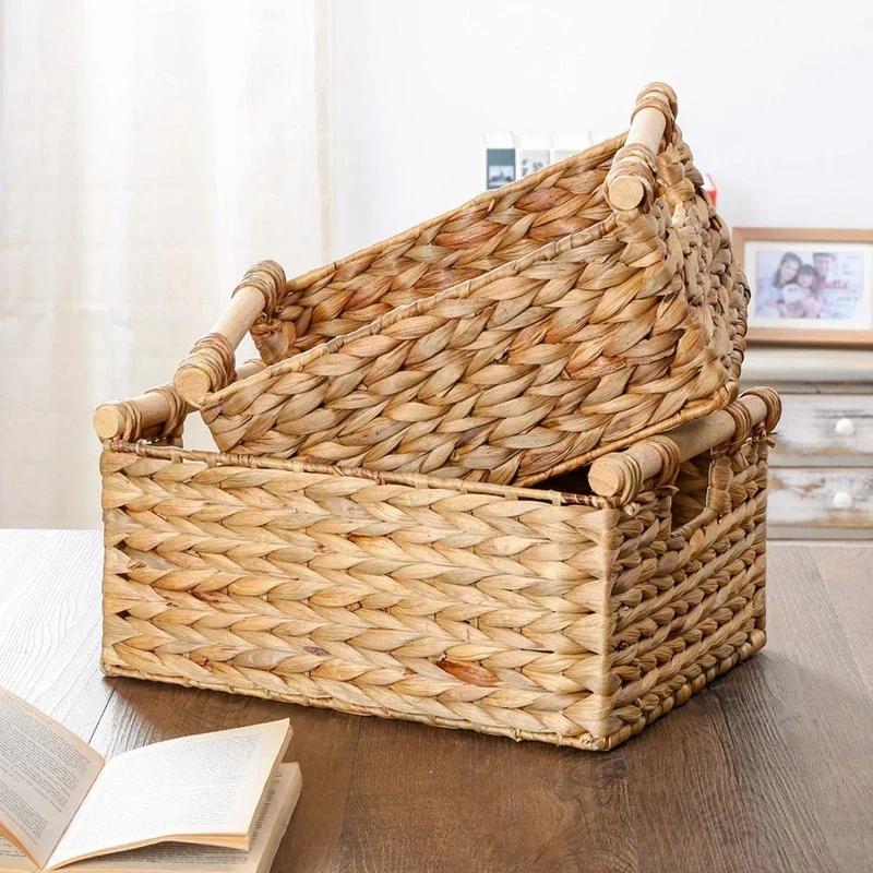 Handmade Woven Storage Box Handle Kitchen Sundry Organizer Laundry Basket Rectangular Closet Organizer Picnic Basket