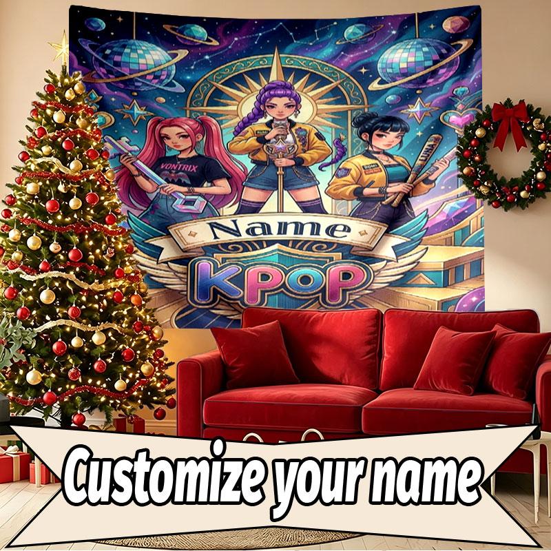 Custom Name Personalized Demon Hunters Kpop Print Tapestry, Wall Art Decor, Bedroom, Dorm, Apartment, LivingRoom, Party Backdrop, Gift for Birthday