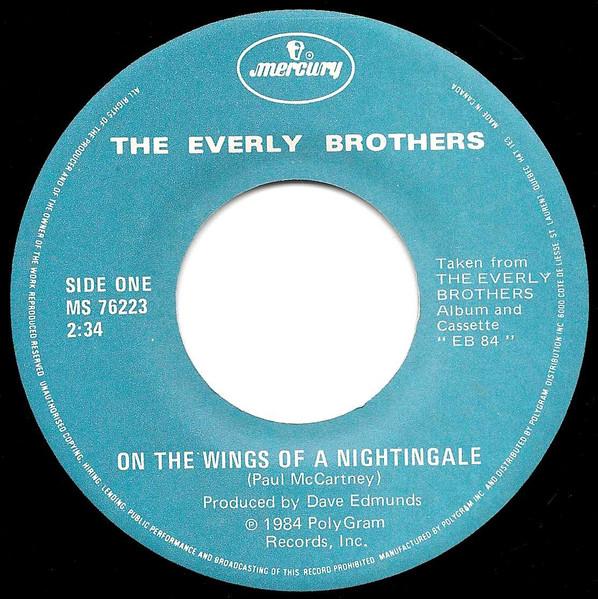 7-дюймовая пластинка EVERLY BROTHERS On The Wings Of A Nightingale MS76223 Mercury 1984 Канада Поп Б/у