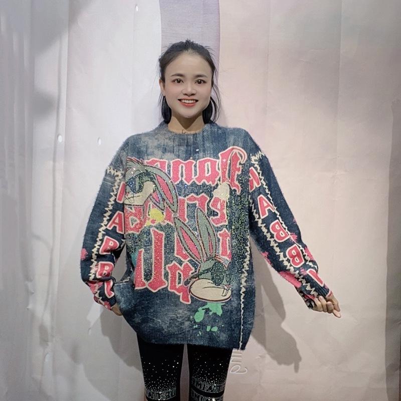 Plus Size Diamond Knit Base Sweater - Women's Heavy-Duty Round Neck, Printed Design for Spring & Autumn 2026