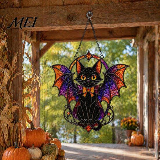 Lightweight Hanging Ornament Halloween Bat Cat Suncatcher, Stained Glass Style Acrylic Sun Catcher, Gothic Festival Atmosphere Display Black for Home