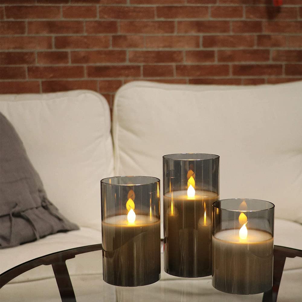 RoSok Светодиодная свеча из светодиодного стекла, парафиновая, энергетическая, на батарейках, регулируемая, для помещений и улицы, с пультом дистанционного управления, на батарейках, светодиодная свеча серая [Набор 3 шт.]