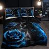 3Pcs 3D Black Cat Blue Rose Bedding Set, Floral Animal Duvet Cover Set (1 Duvet Cover + 2 Pillowcases, No Inserts)
