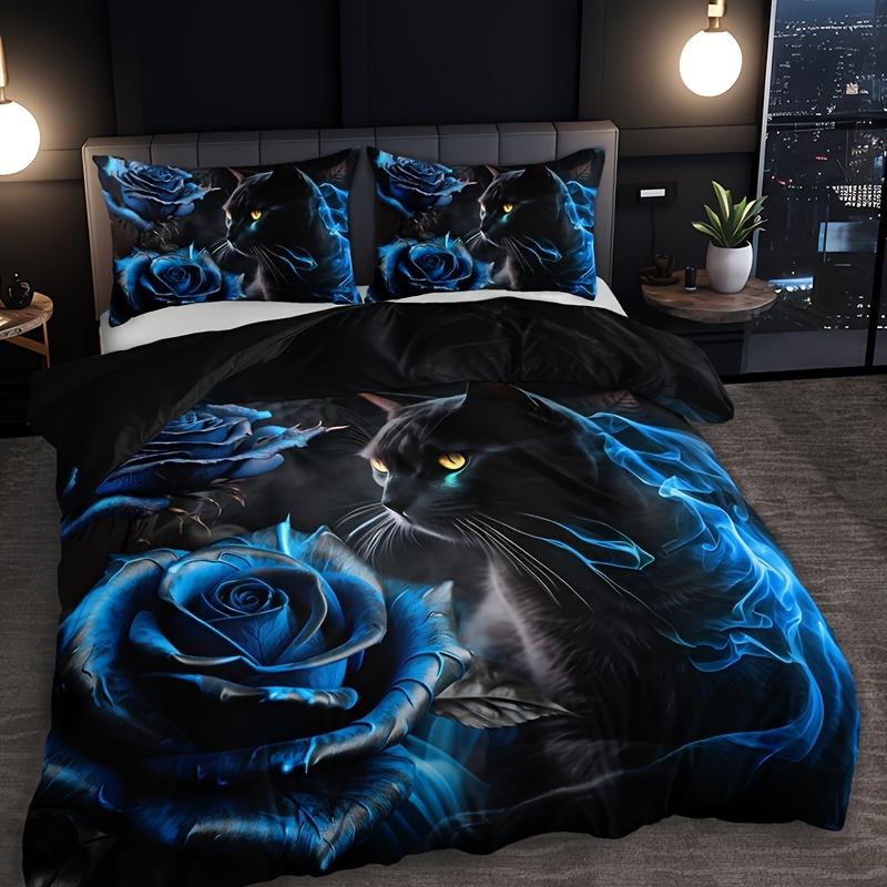 3D Black Cat Blue Rose Bedding Set Floral Animal Duvet Cover Set For Home & Dorm For Halloween