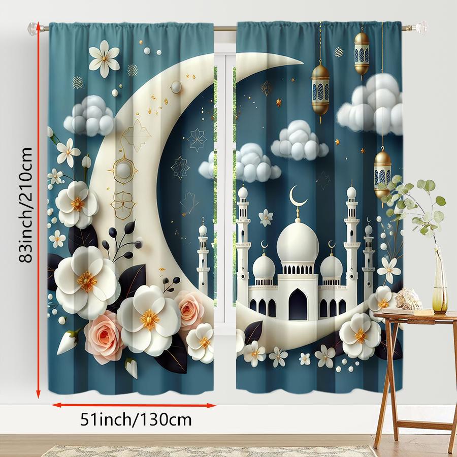 2 шт. Синие Нижние Полумесяц Исламский Элемент Шторы, Романтический Стиль, Гостиная и Спальня, Декорация с Карманчиком для Штанги