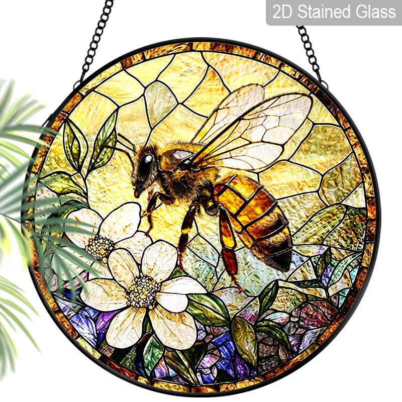2D Flat Stained Glass Vintage Bee Window Decoration, 7.87inches Bee Flower Design Colored Glass Plate with Chain, Charming Spring Summer Sun Catcher