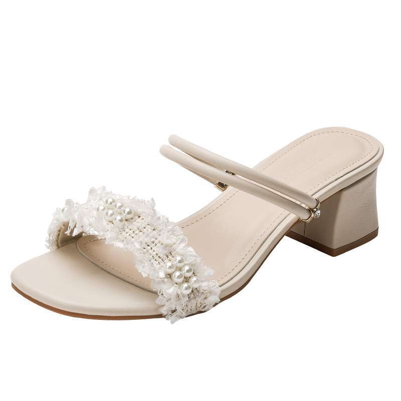 Fairy Wind Pearl Two Wear High-heeled Sandals Summer 2025 New Versatile Lazy Word Medium Heel Thick Heel Cool Slippers