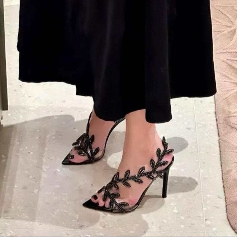 Модные новые летние женские босоножки на высоком каблуке, темпераментные модные туфли на высоком каблуке для женщин, остроносые босоножки-стилетто с листьями из страз