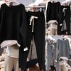 2 Pcs/Set Women Sweatshirt Pants Set Fake Two-piece Loose Elastic Waist Crew Neck Solid Color Warm Drawstring