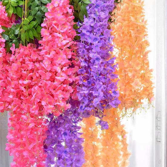 Искусственные цветы глицинии Поддельная глициния Вьющаяся гирлянда Искусственная шелковая цветочная нить для свадебной арки Церемония Вечеринка Сад Дом Декор для фона