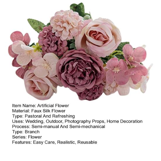 Artificial Rose Bouquet Realistic Fake Silk Flower With Green Leaves Home Wedding