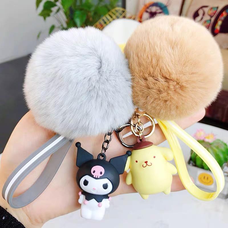 Sanrio Hello Kitty Kuromi Melody Cinnamoroll Очаровательные брелоки с мягким шариком из кроличьего меха Подвеска на сумку для женщин и девочек Брелок Подарки