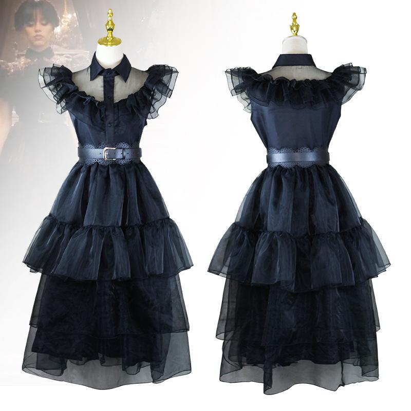 Adams Family Wednesday Dance Dress Cosplay Costume Gothic Long Dress Halloween Role Play Outfit