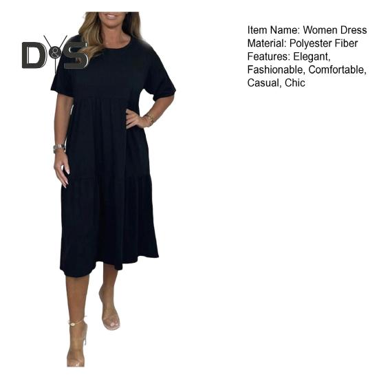 Женское летнее повседневное платье с коротким рукавом, струящееся А-силуэта, многоуровневое платье миди с круглым вырезом, пляжный свободный сарафан для отпуска и путешествий