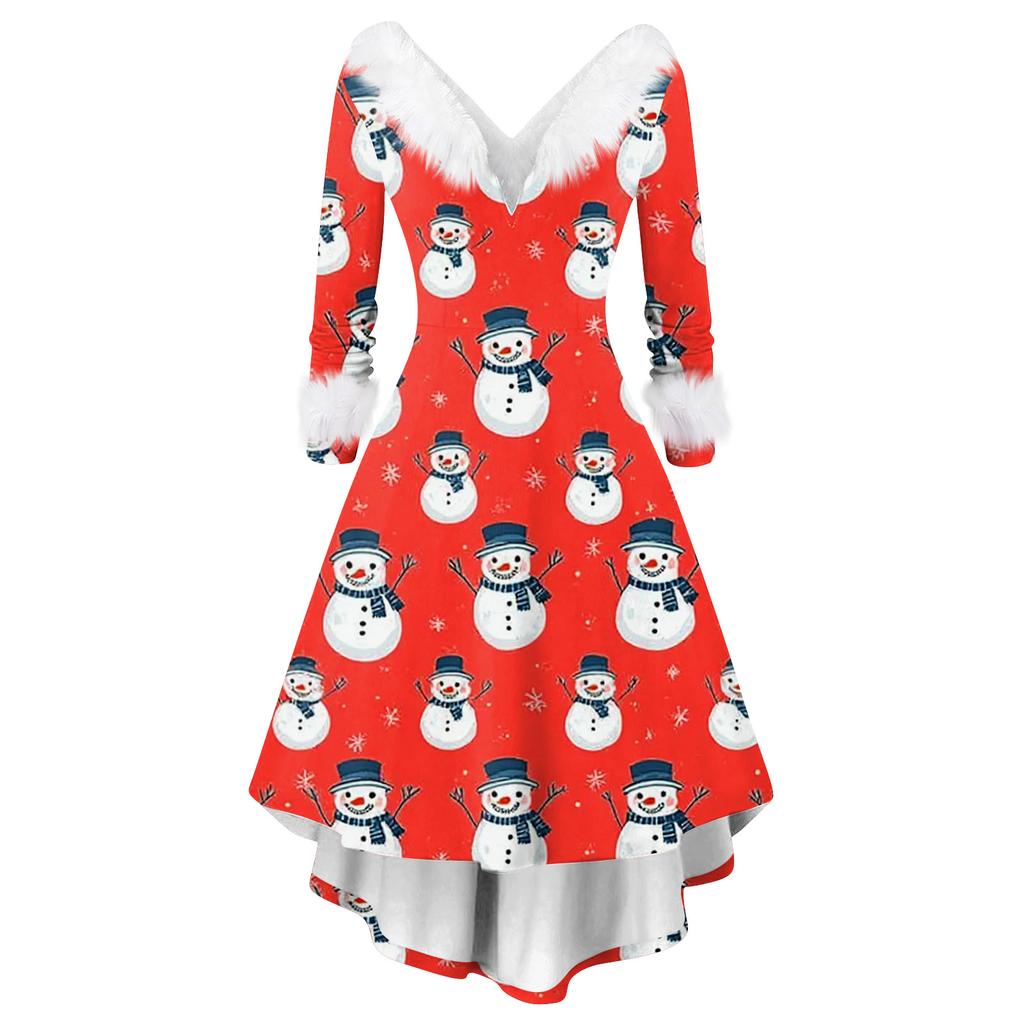 Women's Fashion Casual V-Neck Christmas Print Long Sleeve Dress