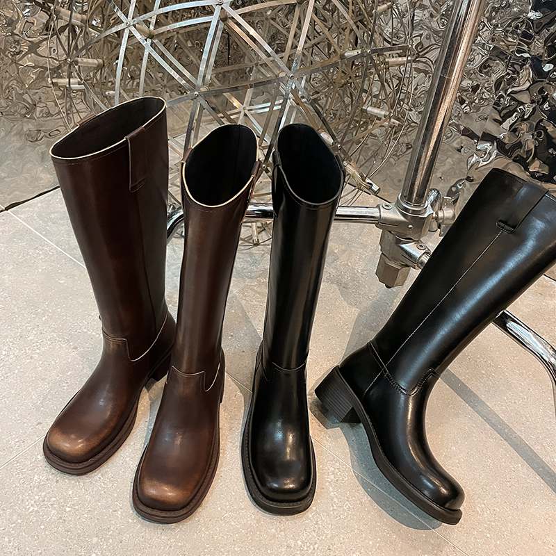 Krazing Pot Genuine Leather Spring Winter Shoes Thick Med Heels Riding Boots Retro Fashion Women Thigh High Boots