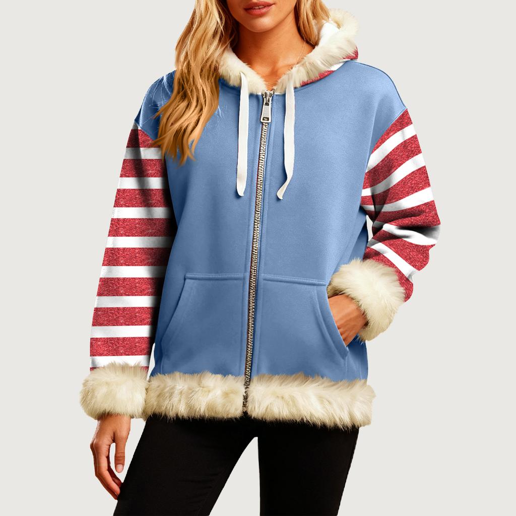 Женская Удобная Свободная Модная Повседневная Толстовка-Куртка с Длинным Рукавом, Карманами и Капюшоном с Полосатым Принтом