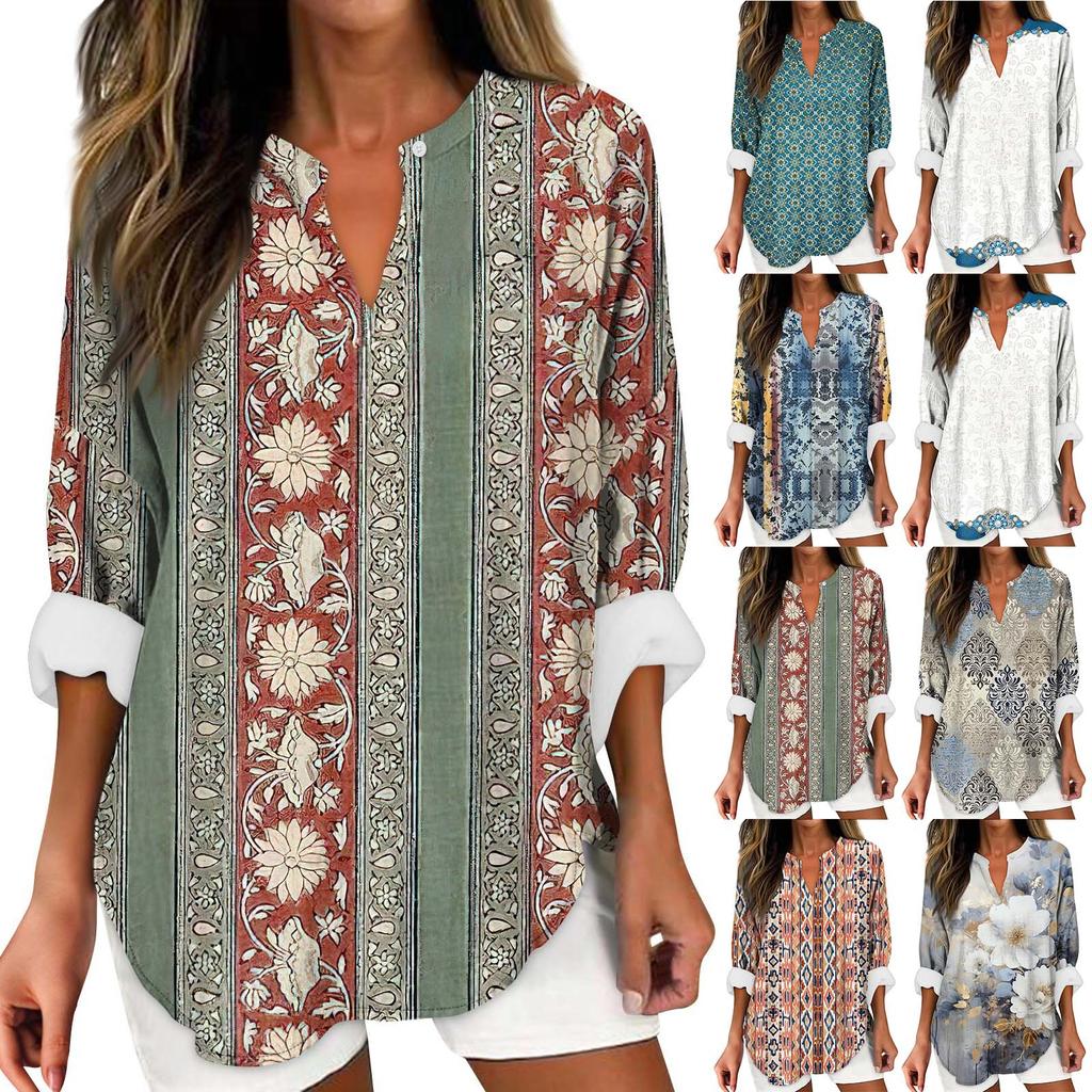 Женские модные повседневные женские топы из конопли с заниженными плечами и длинным рукавом с v-образным вырезом и принтом