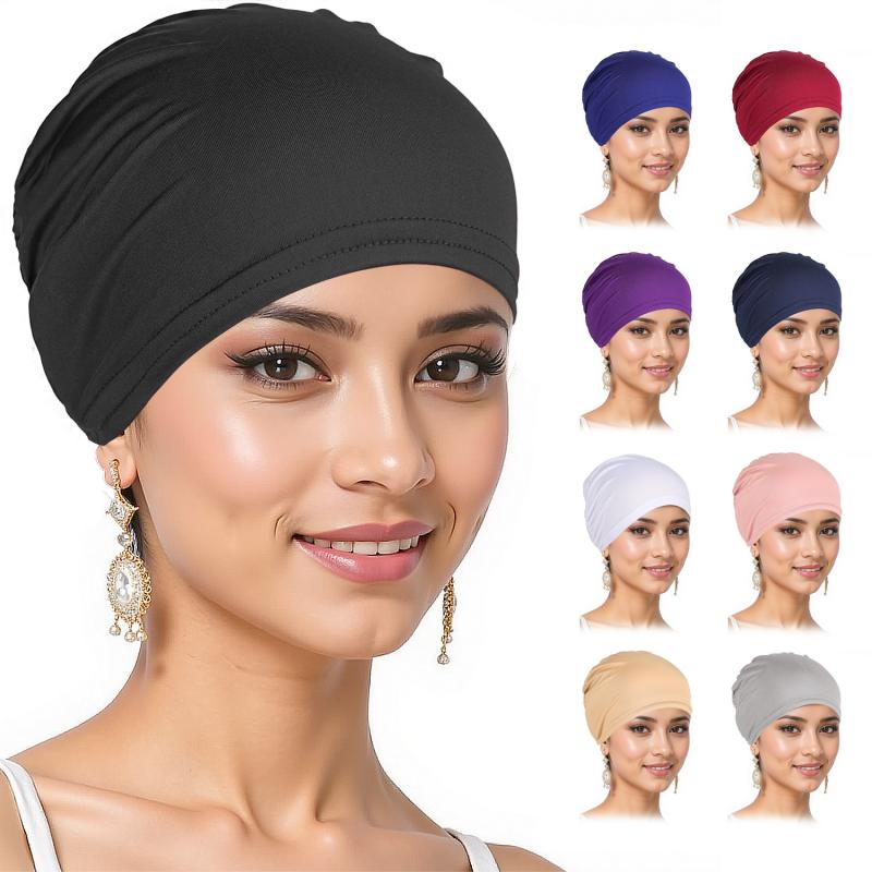 Womens Solid Color Hijab Cap Undercap Inner Cap Muslim Headwear Pull On Beanie All Seasons Comfortable Stretch
