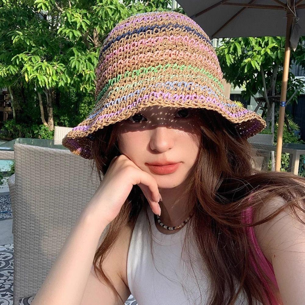 Summer Beach Straw Cap Handmade Bucket Hat Fashion Rainbow Sun hat Outdoor