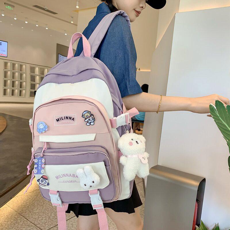 2025 New Color-Block Backpack Korean Style High School Middle School Student Double Shoulder Bag Fashion Backpack for Women Large Capacity Laptop Bag