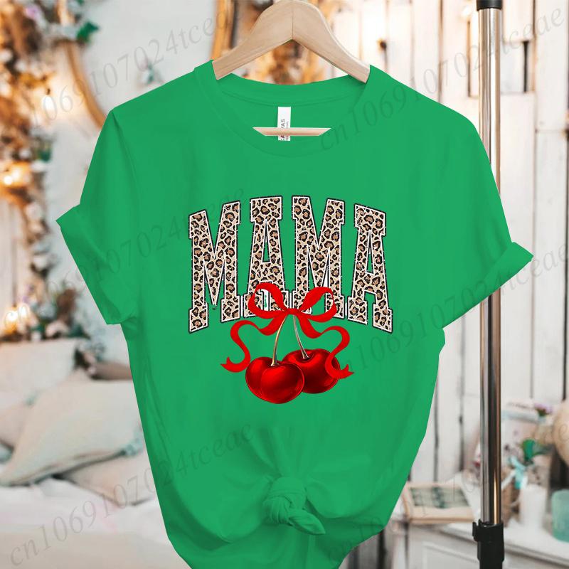 Women Fashion T Shirt Cherry Mama Print Girl Funny Tops Womens Casual TShirt Tops Cherry Bow Mama Tee Aesthetic Mom Clothes