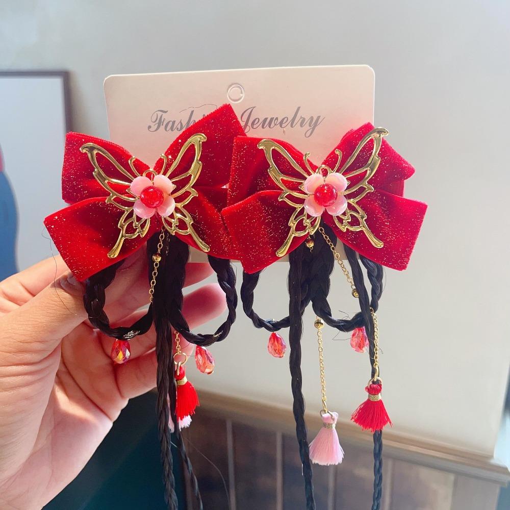 2 шт. головной убор ханьфу детская заколка для волос кисточка парик косичка милая красная заколка-бантик