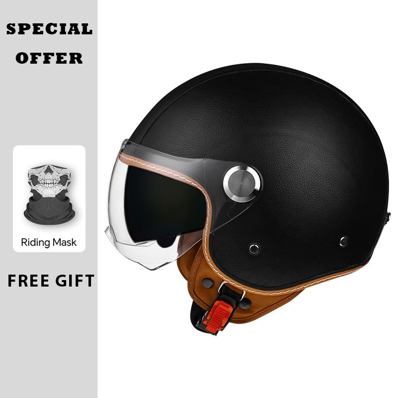 Classic White Green Stripes Open Face Motorcycle Helmets Leather Jet Moto Helmet with Daul Lens Electric Scooter Racing Helmet