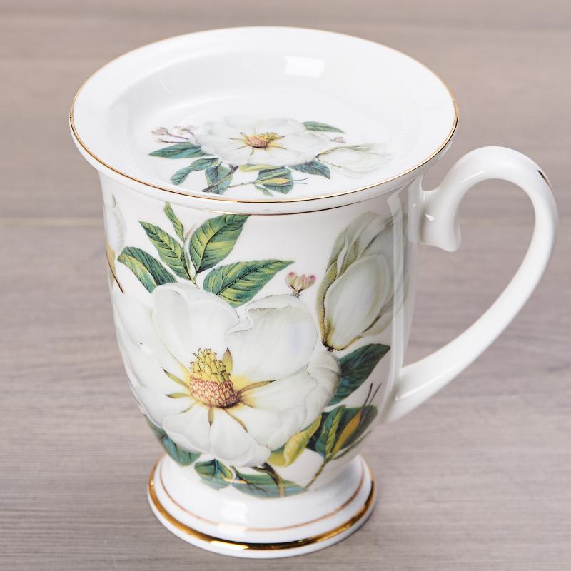Керамическая кружка для чая 300 мл в стиле легкой роскоши - Кружка для кофе из тонкого костяного фарфора с золотой отделкой, Винтажные цветочные чайные чашки 'Камелия' с ручкой, 1 шт.