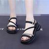 French Small Fragrant Roman Sandals Women's Summer 2025 New Thick-soled Leather Surface Rhinestone One-word Strap with Skirt Beach Shoes