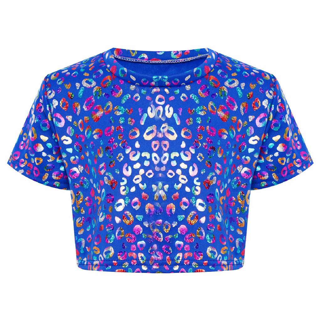 Girls Metallic Leopard Print T-Shirt Crop Top Short Sleeve Round Neck Cheerleading Costume