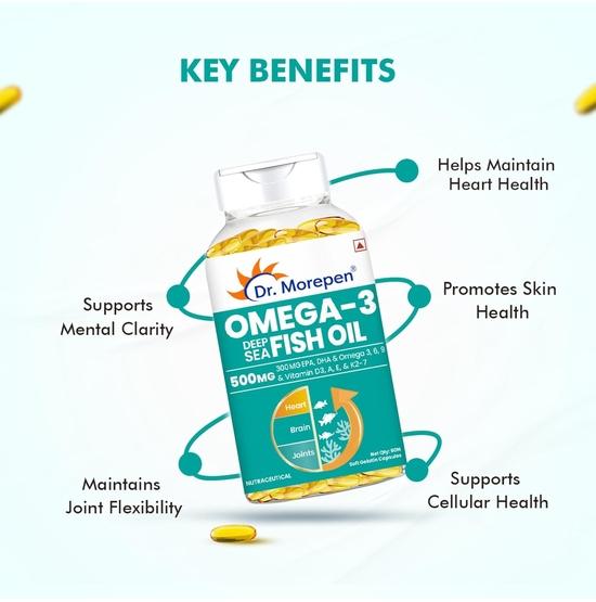 DR. MOREPEN Omega 3 Fish Oil with 300mg EPA & DHA | 500mg | High Potency Fish Oil 60 Softgels (Pack of 1)