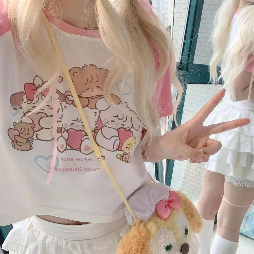 Футболки Kawaii Sweat Patchwork для женщин, японская мода Y2k Harajuku Preppy Style, мультяшный принт, свободные футболки, мягкие, для девочек