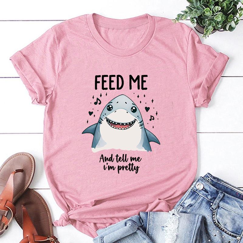 Hot Shark Feed Me And Tell Me I'M Pretty Print Unisex T-Shirt Loose Short Sleeve Harajuku Casual Tops Women T-Shirt