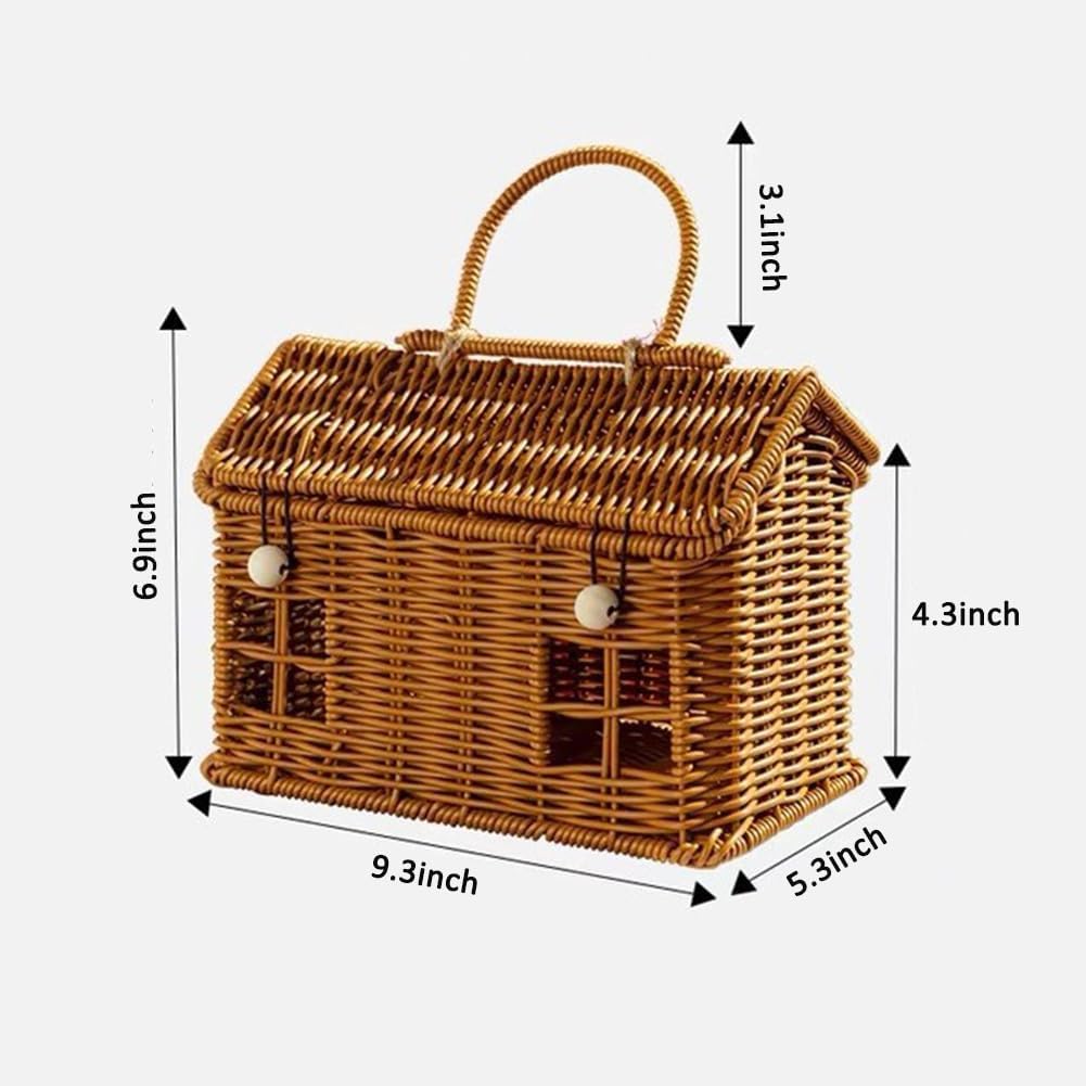 House-Shaped Wicker Basket with Lid - Handwoven Rattan Storage Basket for Home Decor, Kids Picnic, Organizer | Decorative Brown Woven Gift Box,