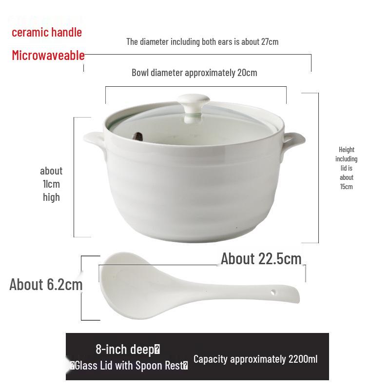 Керамический набор суповых тарелок с двумя ручками и крышкой - Безопасно для микроволновой печи, Включает большую ложку и супницу, Чисто-белый, Креативный дизайн (8 мисок)