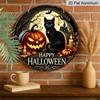 2D Flat, 1pc Vintage Halloween Black Cat Wall Decor, Round Aluminum Hanging Sign Featuring "Happy Halloween" Text, Pumpkin Lantern And Bat Patterns