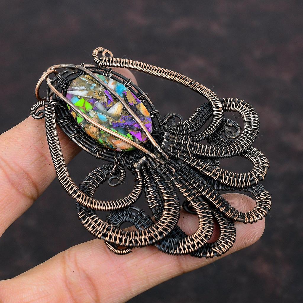 Fiesta Kingman Бирюзовый кулон Медная проволока обернутый драгоценный камень кулон Multi Медный бирюзовый кулон Осьминог ручной работы Медные украшения