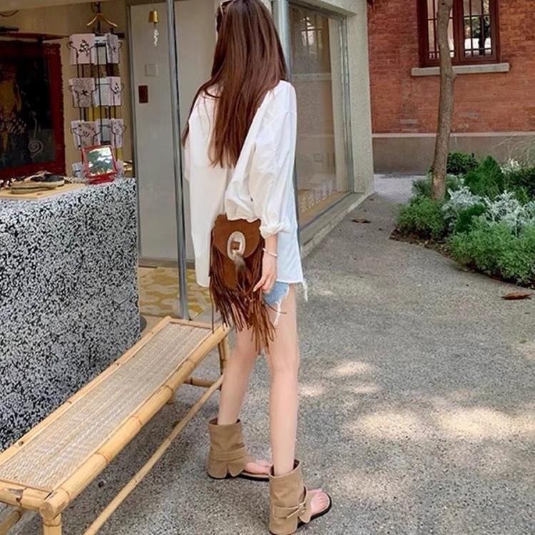 Версия из коровьей кожи~ внутренняя высота увеличивает ретро елочка носок пряжка крутые ботинки женские летние модные брюки короткая труба римские сандалии