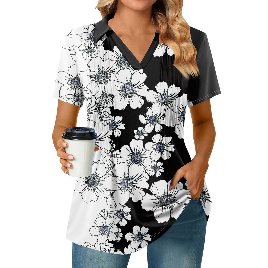 Женские футболки с коротким рукавом, плиссированные, с V-образным вырезом, с принтом, с воротником, летние топы, модные, деловые, повседневные, рабочие